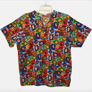 Peaches Scrub Shirt Medium Red Fall Autumn Leaves Harvest Nurse Vet Tech Xray